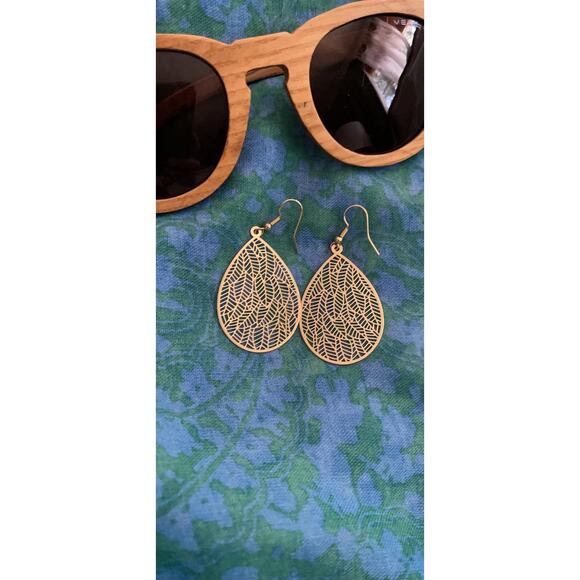 14K Gold Plated Teardrop Drop Dangle Earrings Gold Leaf Earrings for Women - Picture 1 of 5